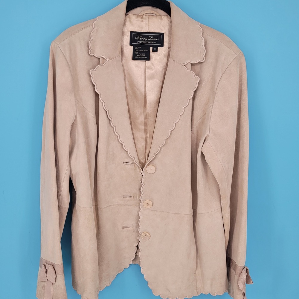 VTG Terry Lewis Suede Leather Scalloped Jacket Blazer Tan Beige Bow M Medium
